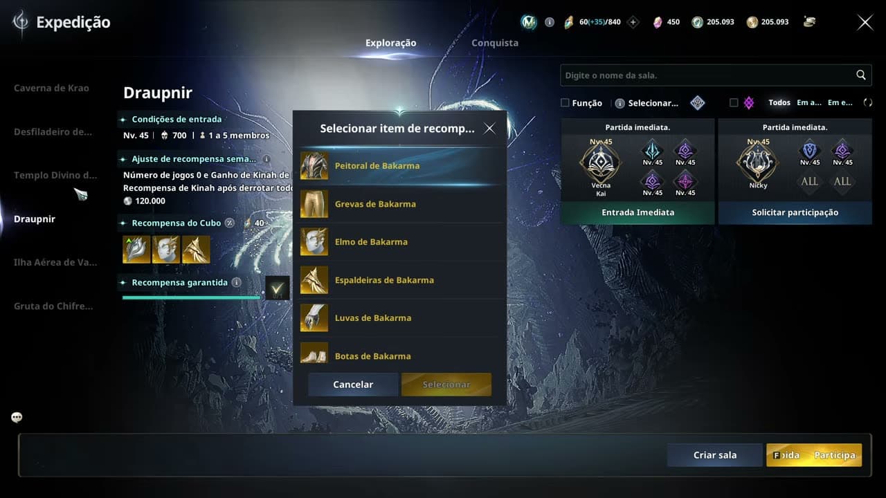 Draupnir no modo Exploração com requisitos de nível 45 e 700 GS