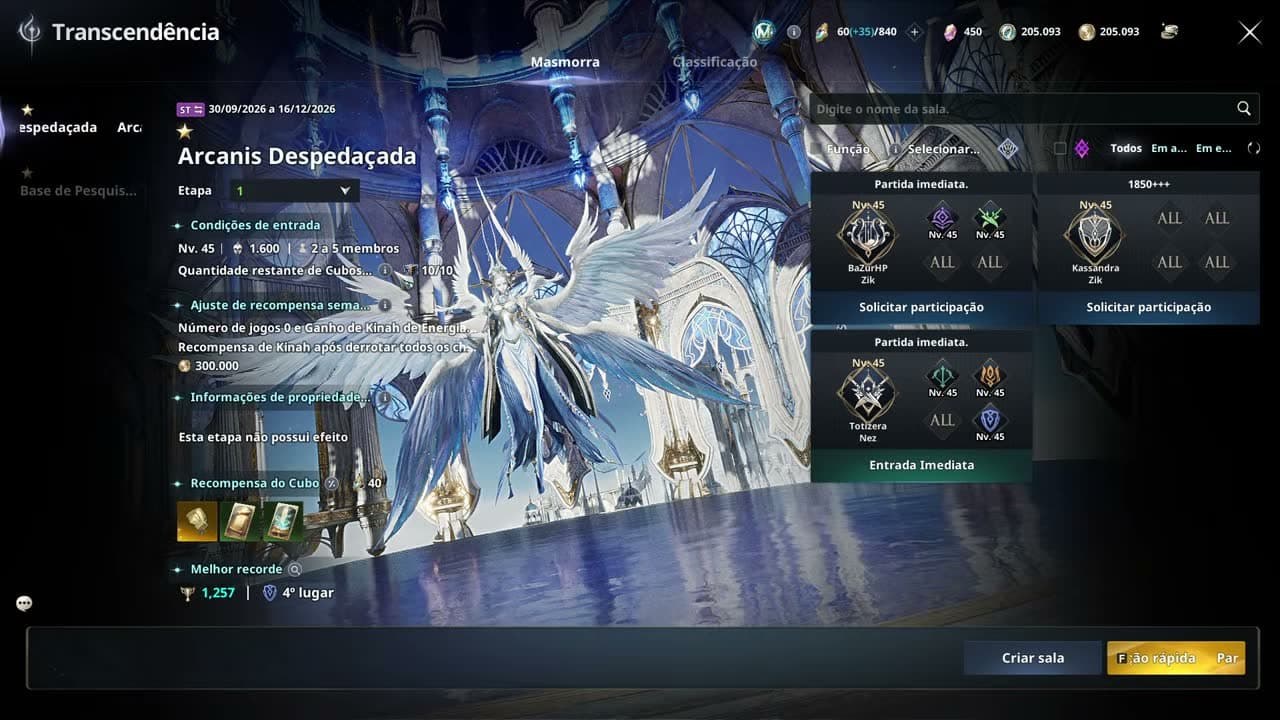 Requisitos de Transcendência no nível 45 e 1600 GS