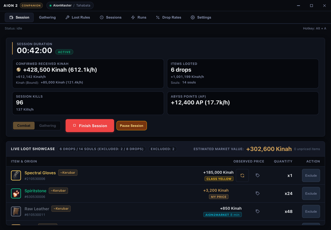 Captura de la interfaz de Companion con sesión de combate activa y lista de botín