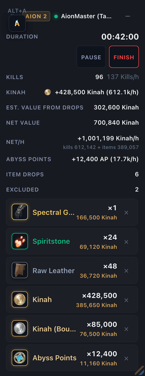 HUD translúcido predeterminado con botones de control y registro de botín reciente